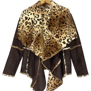 DOLCE CABO Leopard Print Brown Faux Fur Mobwife Waterfall Open Jacket S EUC